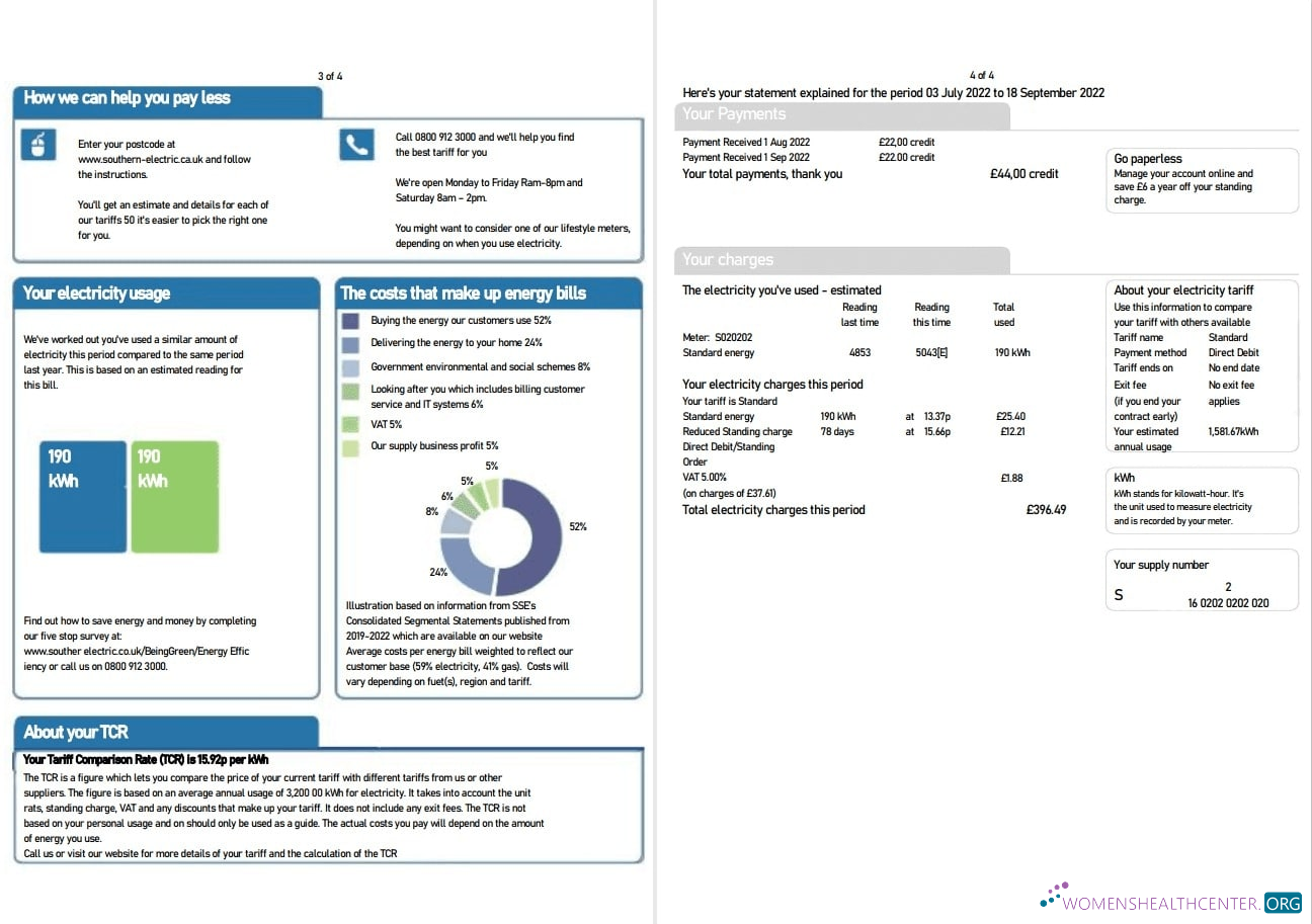download United Kingdom SSE Energy utility bill, Word and PDF template, 4 pages 3 4 PDF template